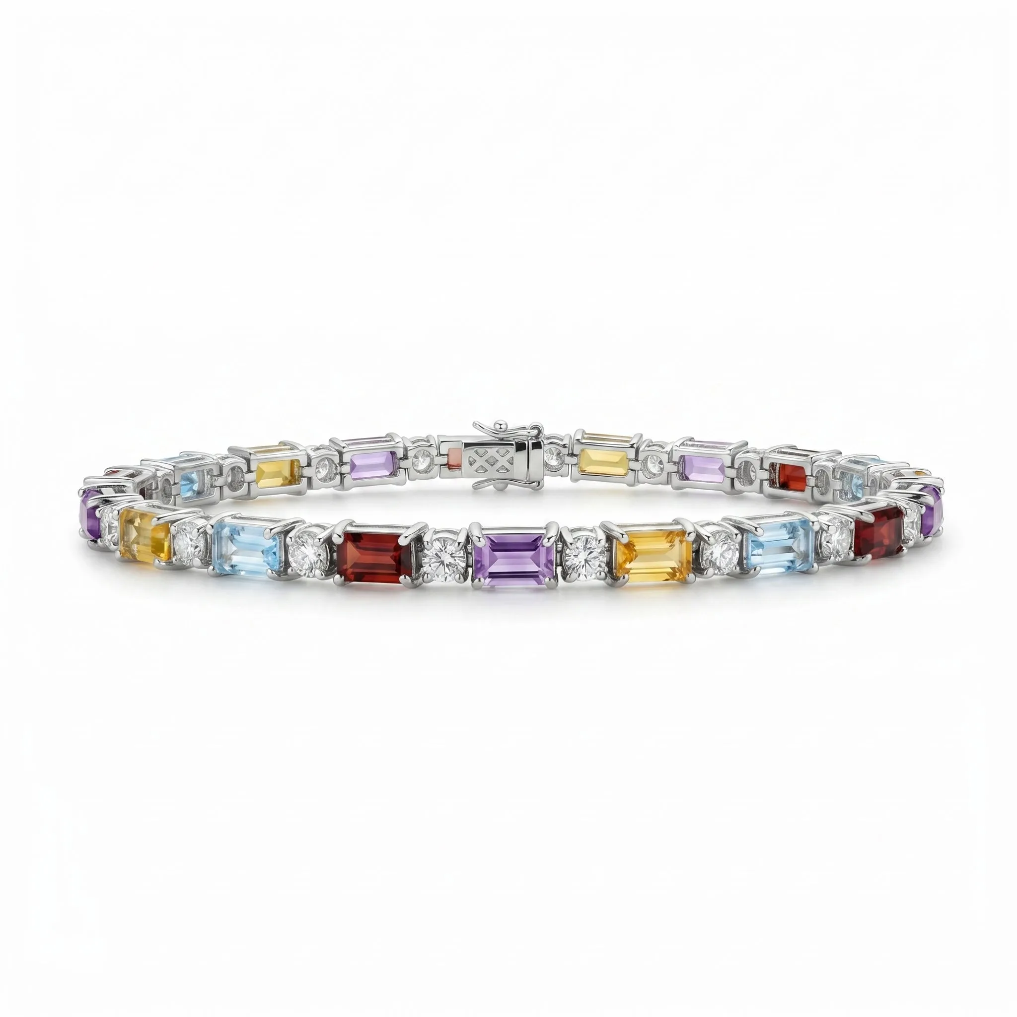 11.8 Ct Baguette Rainbow Multi-Gemstone Prong Silver Alternating Inline Box Clasp Tennis Bracelet sold by Zulily