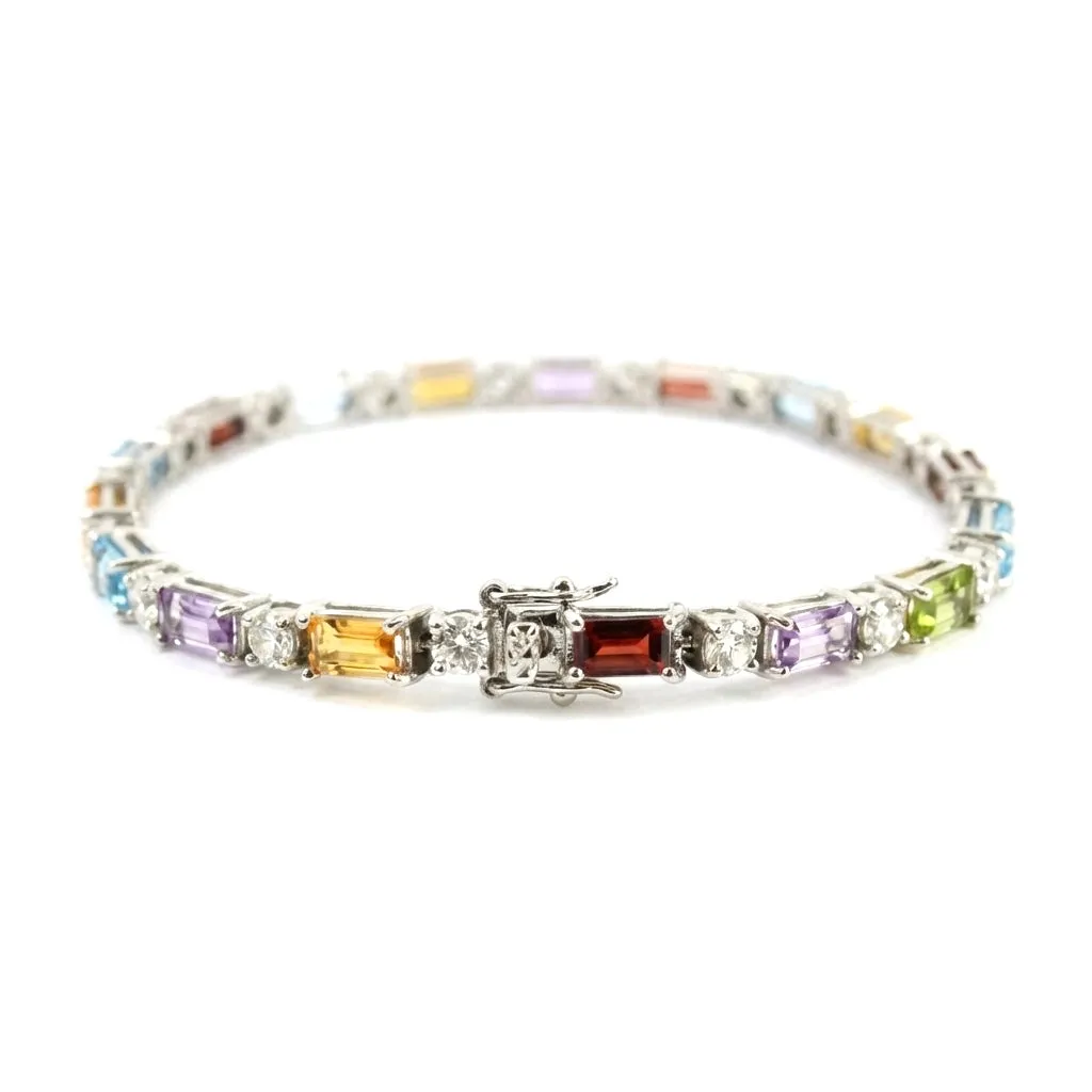11.8 Ct Baguette Rainbow Multi-Gemstone Prong Silver Alternating Inline Box Clasp Tennis Bracelet sold by Zulily product image thumbnail 5