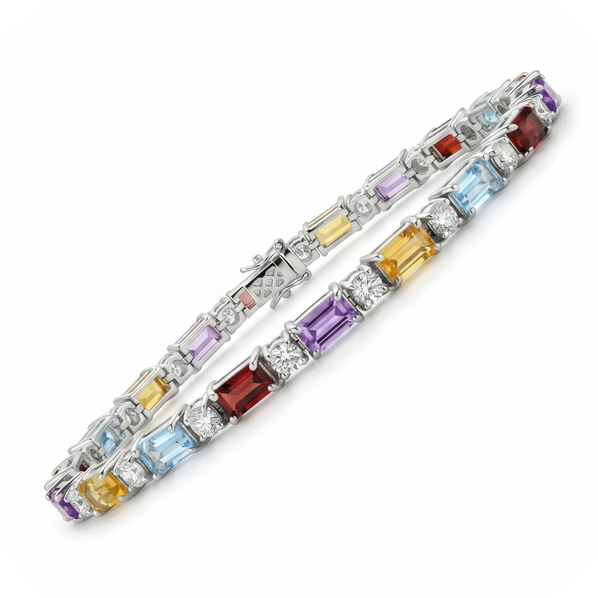 11.8 Ct Baguette Rainbow Multi-Gemstone Prong Silver Alternating Inline Box Clasp Tennis Bracelet sold by Zulily product image thumbnail 2