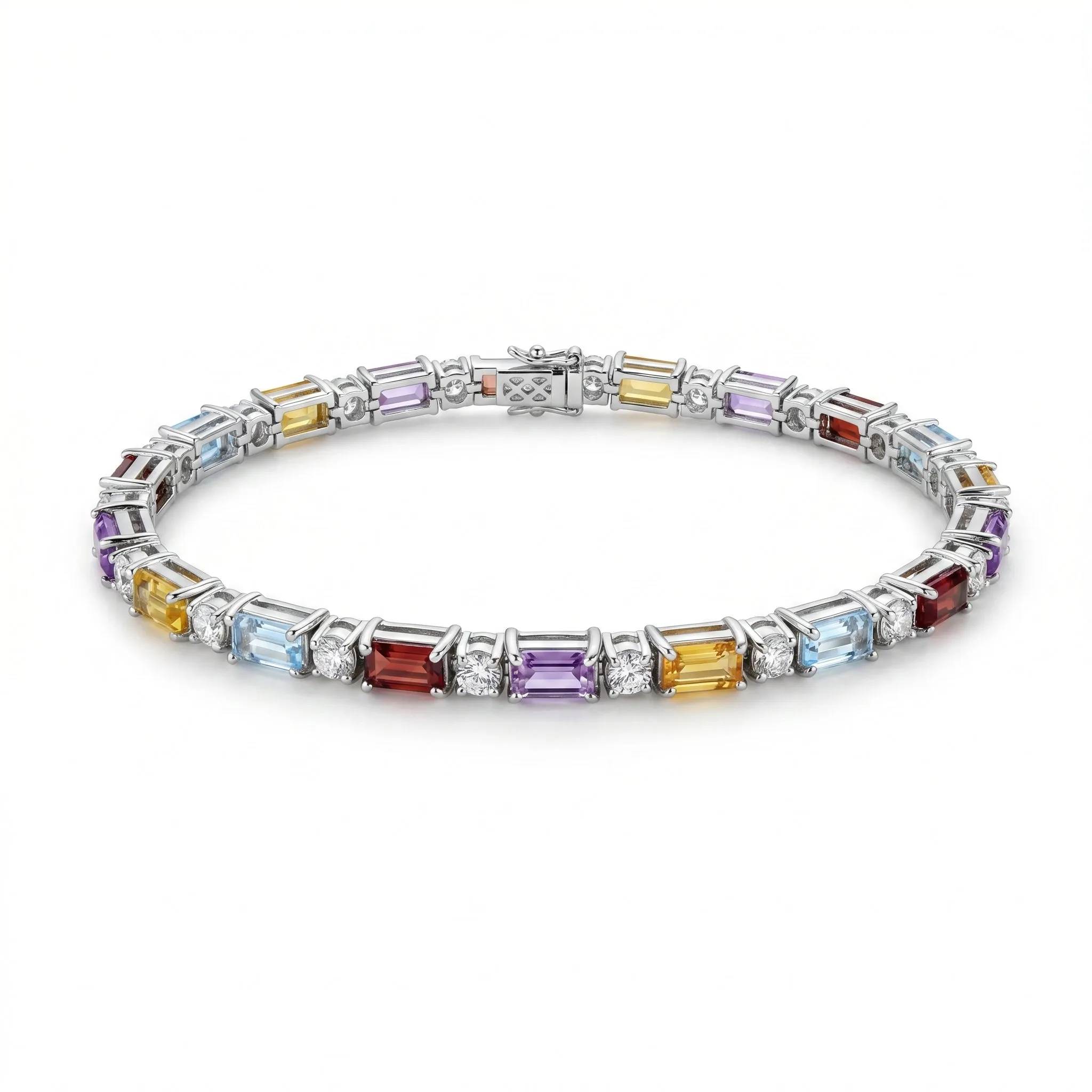 11.8 Ct Baguette Rainbow Multi-Gemstone Prong Silver Alternating Inline Box Clasp Tennis Bracelet sold by Zulily product image thumbnail 3