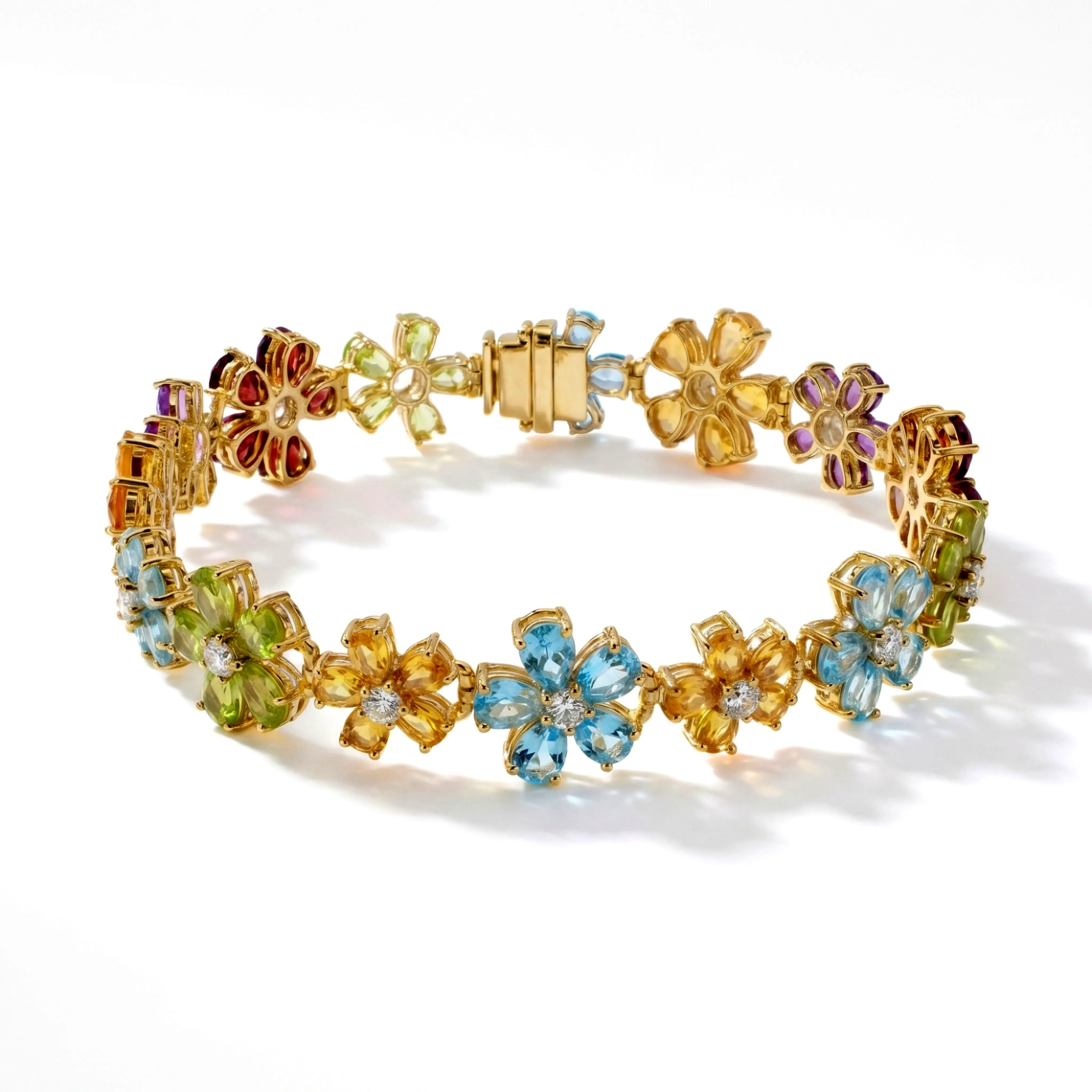 20.9 Ct Rainbow Multi-Gemstone Prong Yellow Gold Plated Silver Floral Cluster Inline Box Clasp Tennis Bracelet sold by Zulily