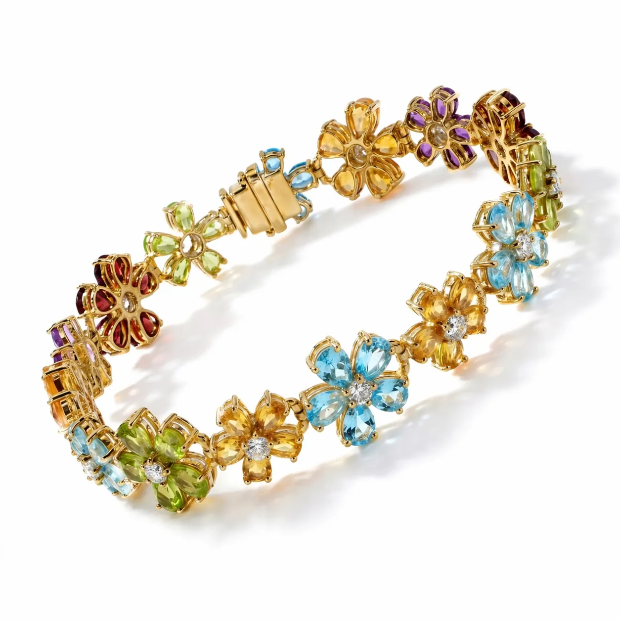 20.9 Ct Rainbow Multi-Gemstone Prong Yellow Gold Plated Silver Floral Cluster Inline Box Clasp Tennis Bracelet sold by Zulily product image thumbnail 2