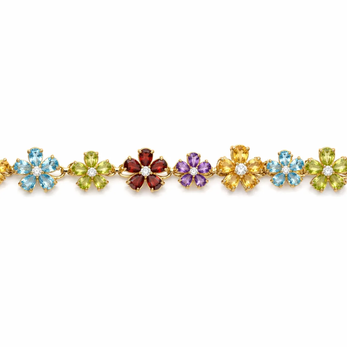 20.9 Ct Rainbow Multi-Gemstone Prong Yellow Gold Plated Silver Floral Cluster Inline Box Clasp Tennis Bracelet sold by Zulily product image thumbnail 3
