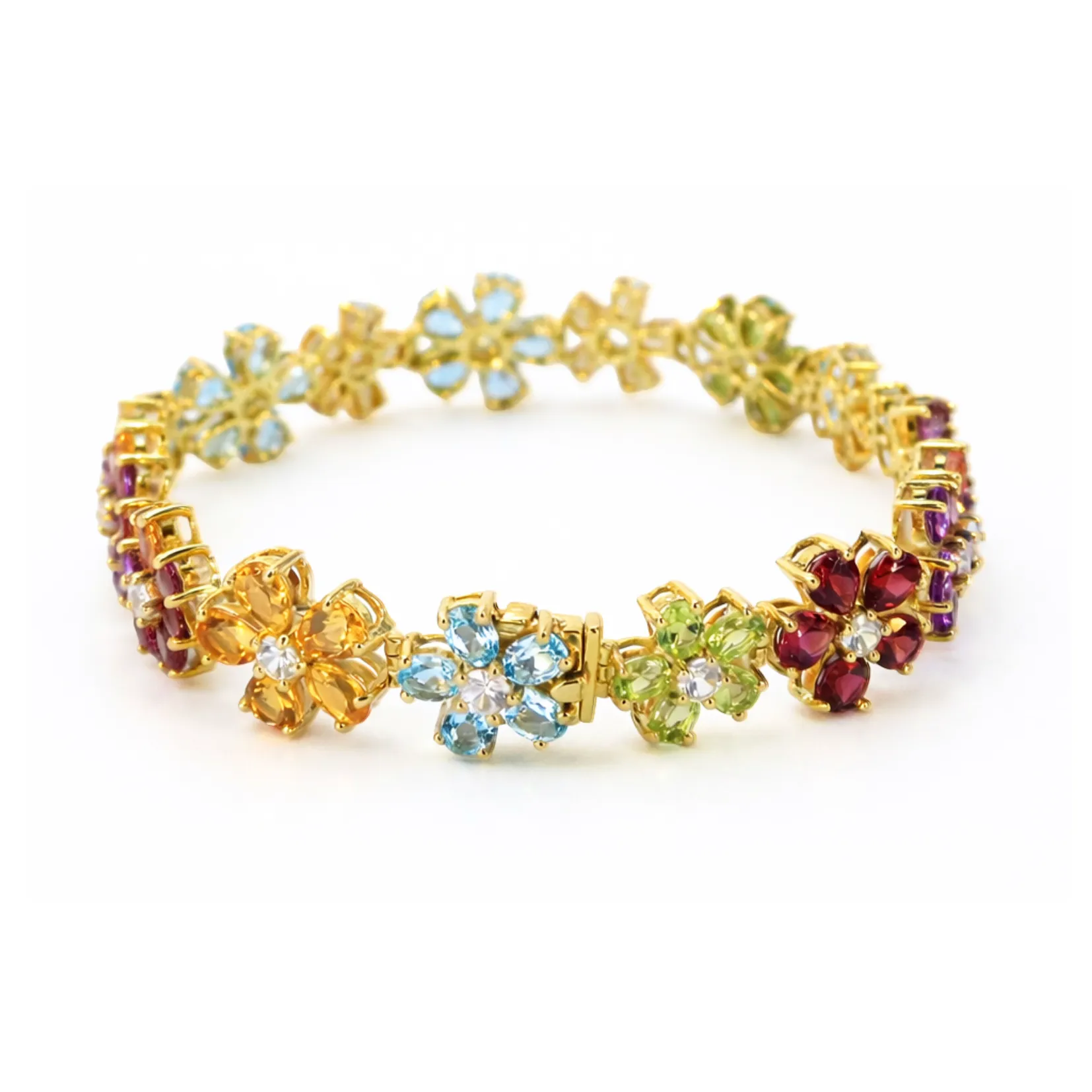 20.9 Ct Rainbow Multi-Gemstone Prong Yellow Gold Plated Silver Floral Cluster Inline Box Clasp Tennis Bracelet sold by Zulily product image thumbnail 4