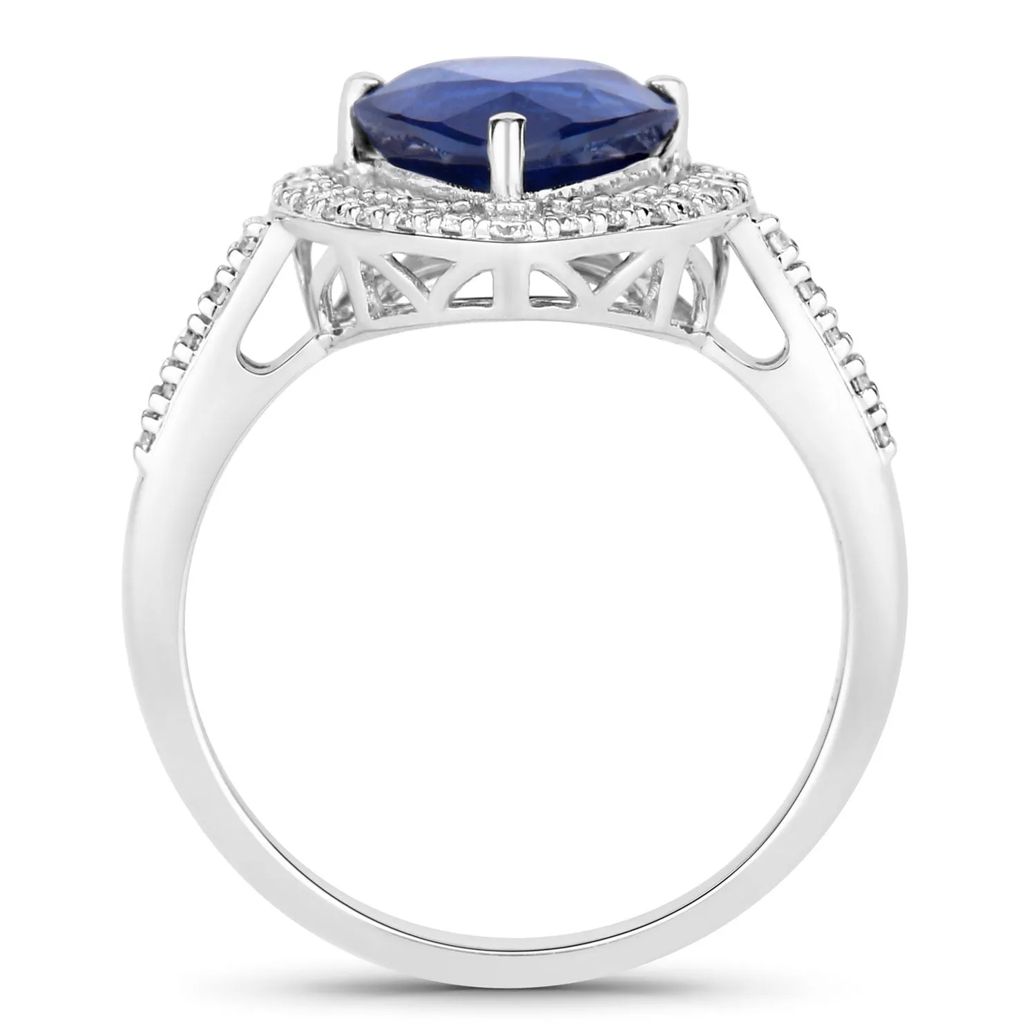 3.47 Ct Pear Ceylon Blue Sapphire and White Diamond Prong 18K White Gold Pave Halo Statement Ring sold by Zulily product image thumbnail 4