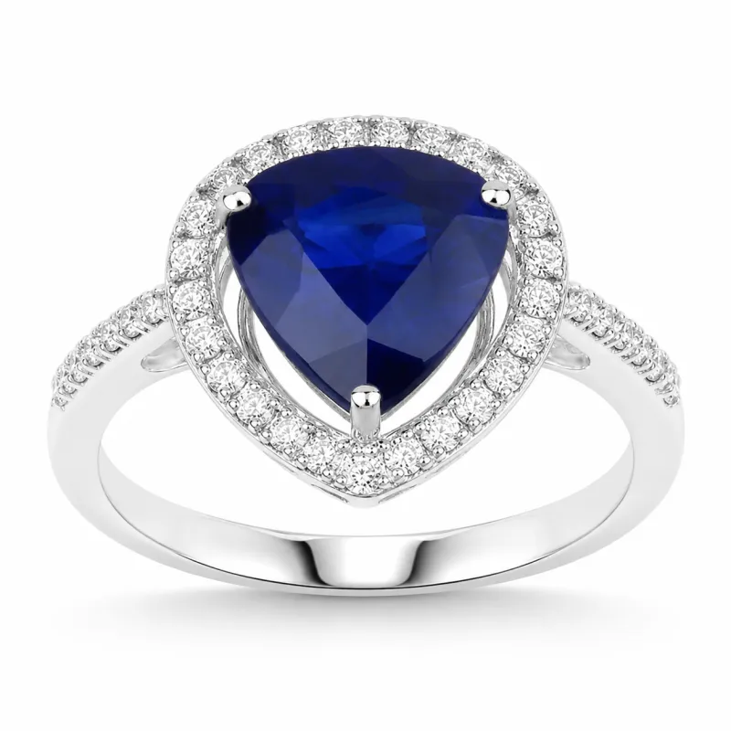 3.47 Ct Pear Ceylon Blue Sapphire and White Diamond Prong 18K White Gold Pave Halo Statement Ring made by Zulily