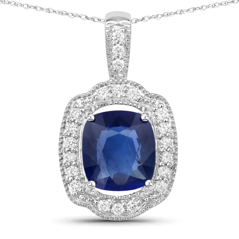 2.53 Ct Genuine Cushion Ceylon Blue Sapphire and Diamond 18K White Gold Halo Pendant made by Zulily