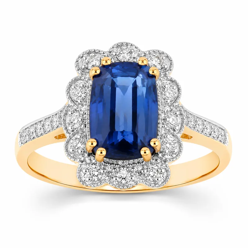 3.21 Ct Cushion Ceylon Blue Sapphire and White Diamond Prong 18K Gold Pave Halo Statement Ring made by Zulily