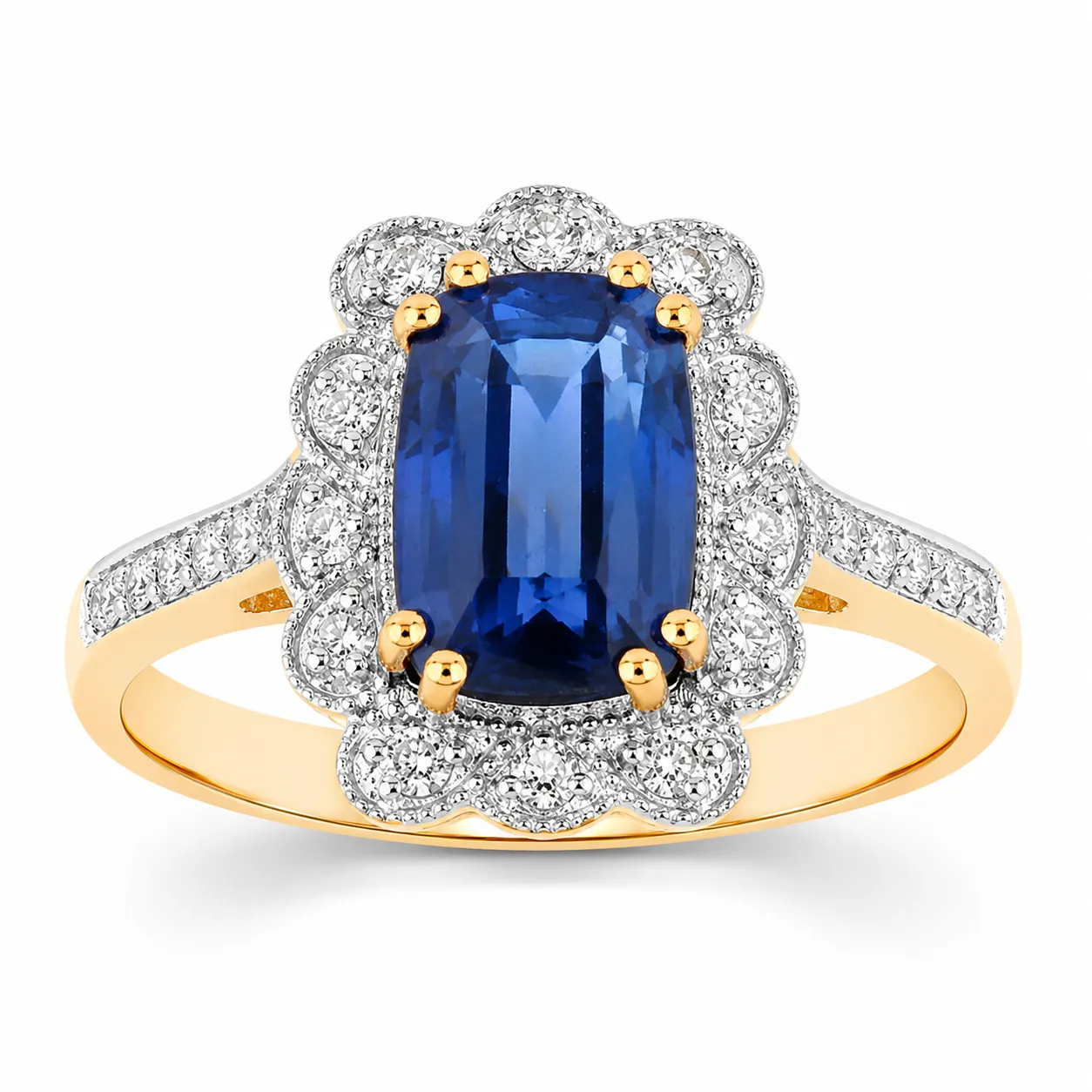 3.21 Ct Cushion Ceylon Blue Sapphire and White Diamond Prong 18K Gold Pave Halo Statement Ring sold by Zulily