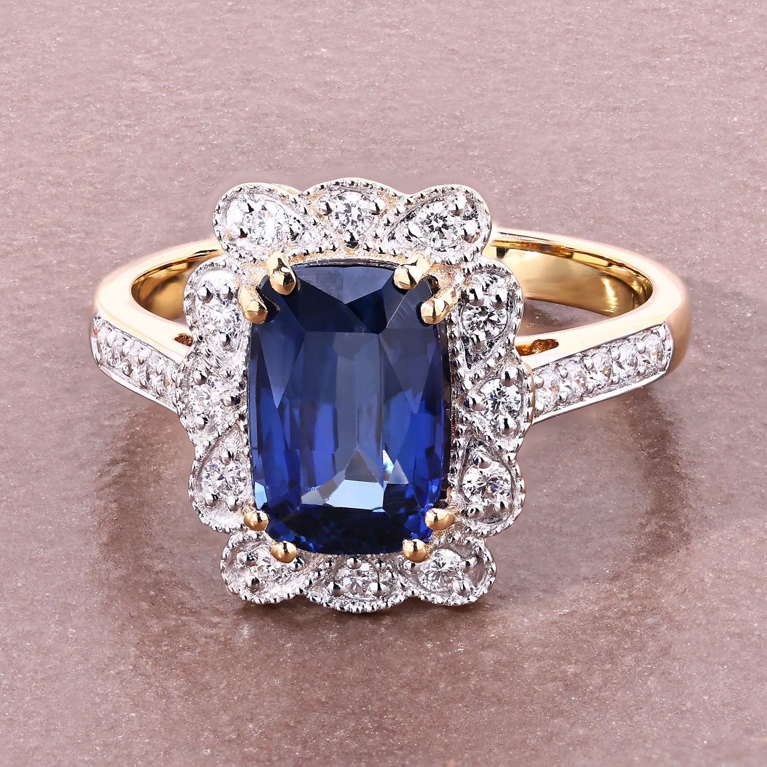 3.21 Ct Cushion Ceylon Blue Sapphire and White Diamond Prong 18K Gold Pave Halo Statement Ring sold by Zulily product image thumbnail 5