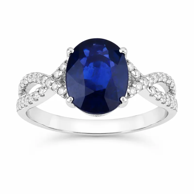 2.18 Ct Oval Ceylon Blue Sapphire and White Diamond Prong 18K White Gold Pave Crossover Engagement Ring made by Zulily