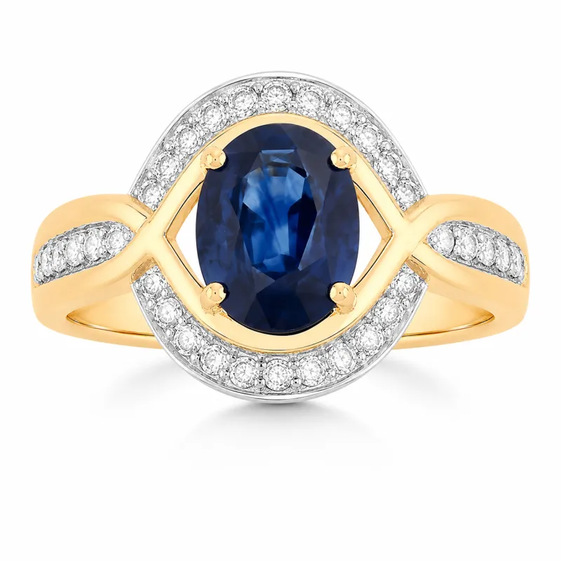 2.37 Ct Oval Ceylon Blue Sapphire and White Diamond Prong 18K Yellow Gold Pave Halo Statement Ring made by Zulily