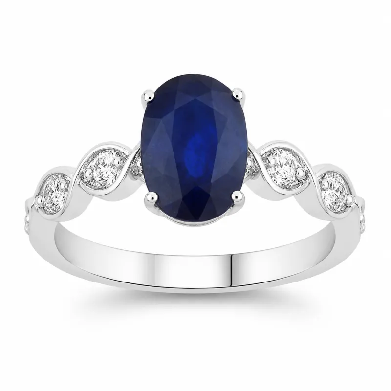2.57 Ct Oval Ceylon Blue Sapphire and White Diamond Prong 18K White Gold Crossover Wedding Ring made by Zulily