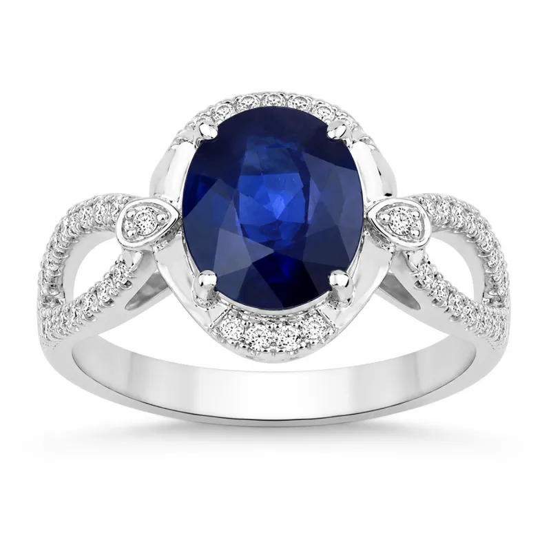 2.33 Ct Oval Ceylon Blue Sapphire and White Diamond Prong 18K White Gold Pave Halo Crossover Ring made by Zulily