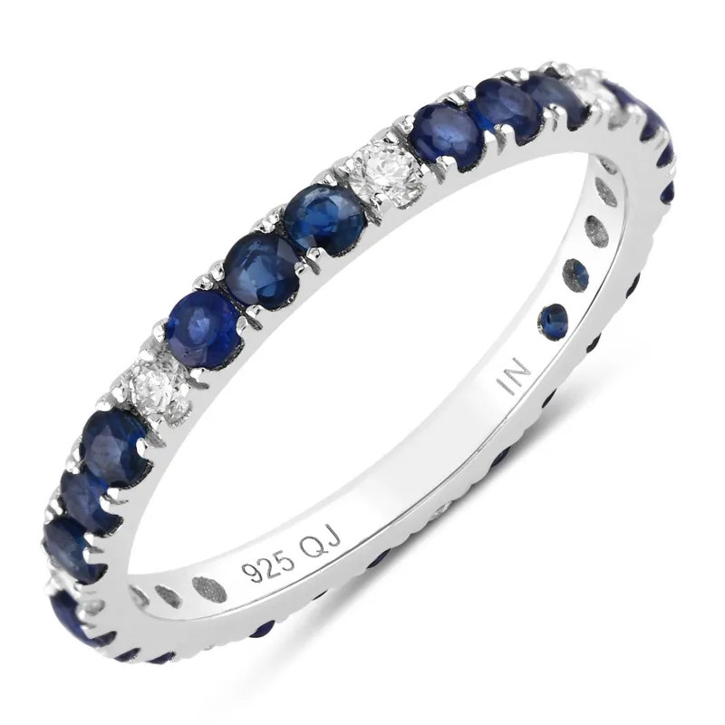 1.01 Ct Round Blue Sapphire and Lab Diamond Prong Silver Eternity Band Ring made by Zulily