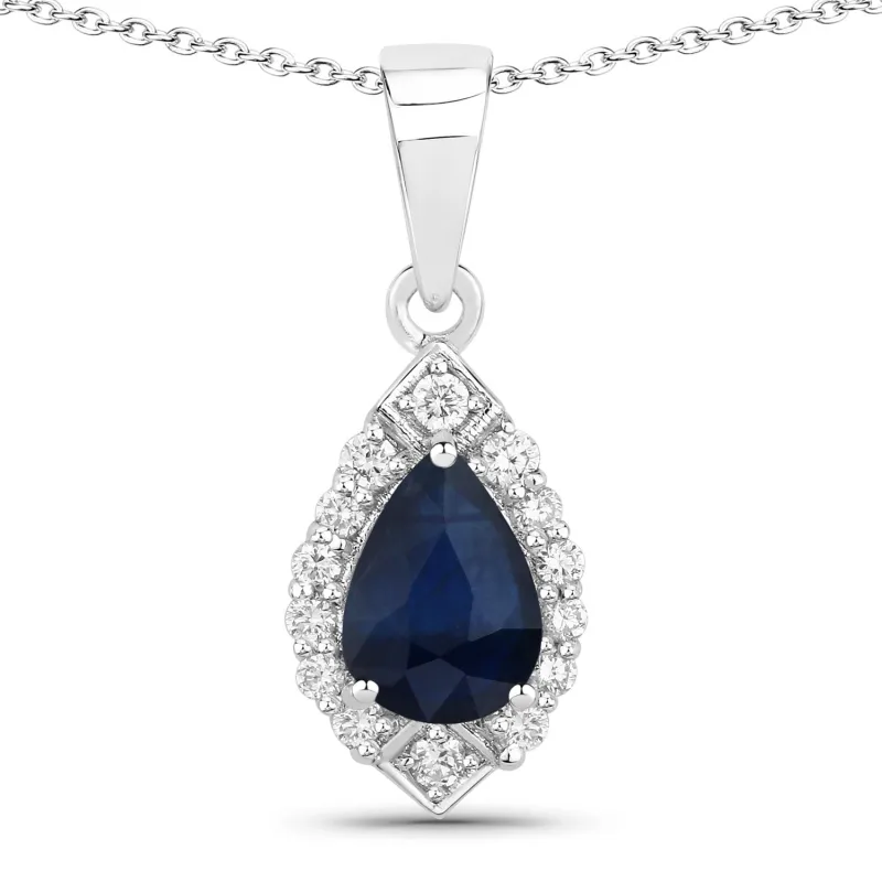 0.80 Ct Pear Blue Sapphire & Lab Diamond Prong Silver Teardrop Halo Pendant Necklace made by Zulily