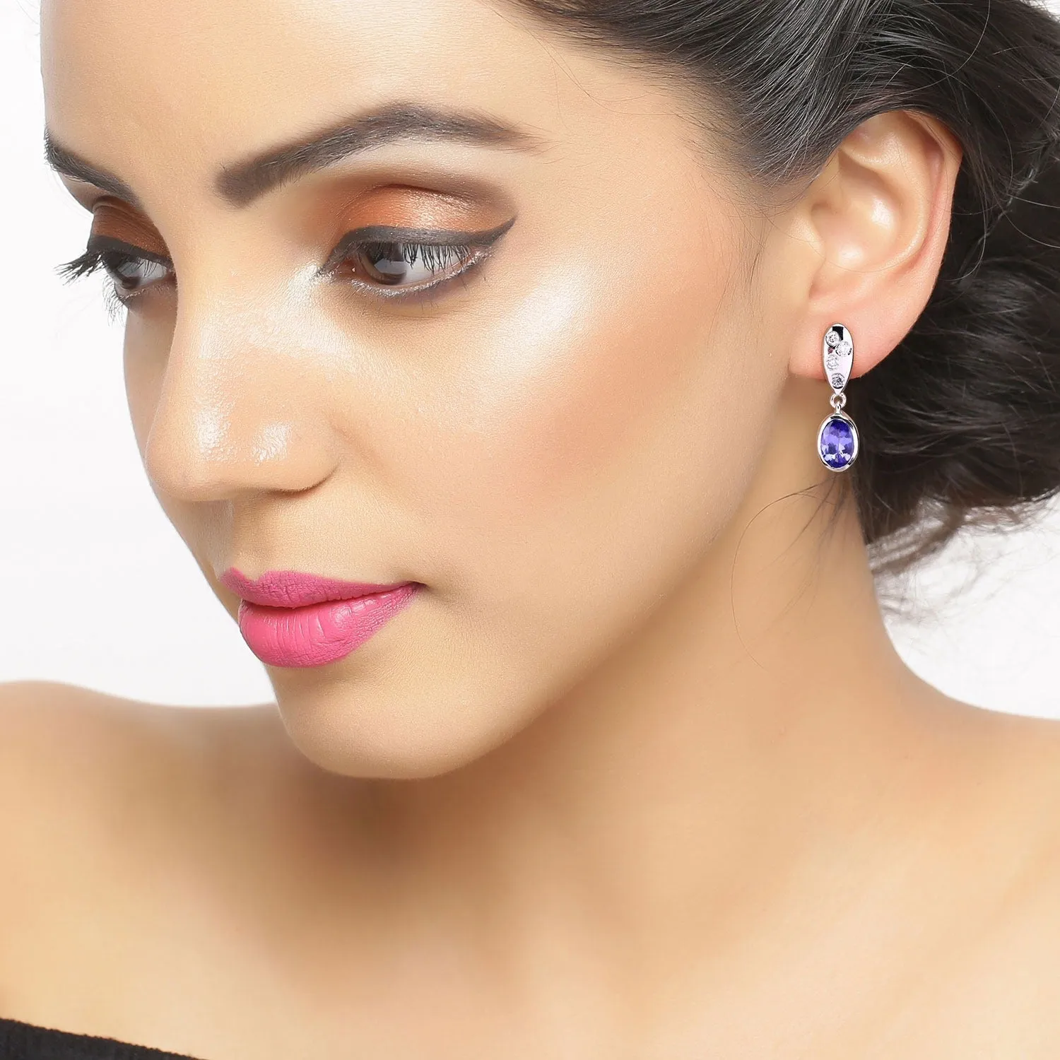 0.88 Ct Oval Violet Tanzanite & Lab Diamond Bezel Silver Dangle Earrings sold by Zulily product image thumbnail 2