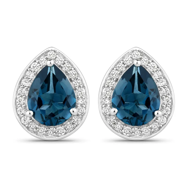 2.30 Ct Pear London Blue Topaz & Lab Diamond Prong Silver Halo Stud Earrings made by Zulily