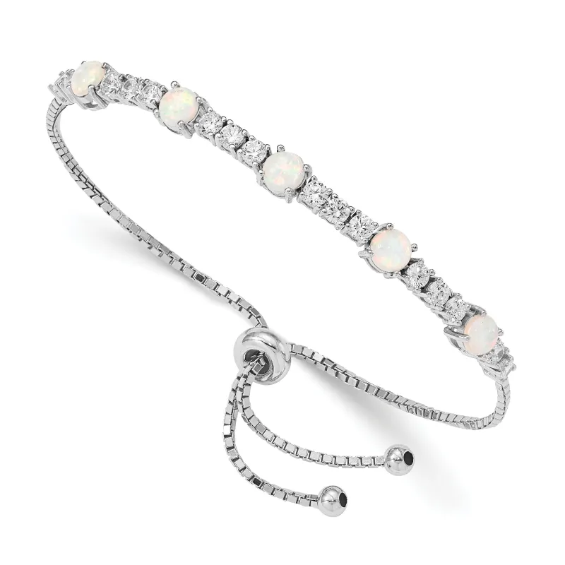 Round White Created Opal & CZ Prong Sterling Silver Adjustable Bolo Bracelet made by Zulily