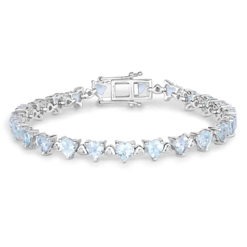 Heart Blue Aquamarine & Diamond Prong Silver Box Clasp Tennis Bracelet made by Zulily