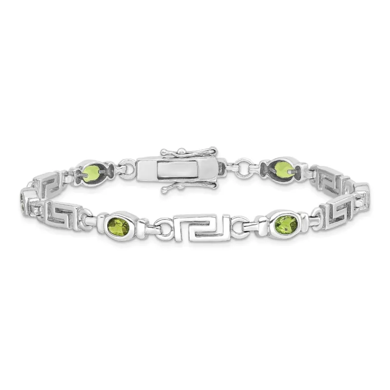 Oval Olive Green Peridot Bezel Sterling Silver Greek Key Link Bracelet made by Zulily
