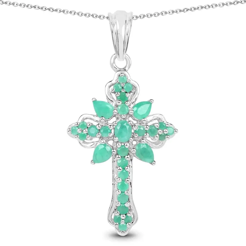 1.26 Ct Green Emerald Prong Silver Cross Pendant Necklace made by Zulily