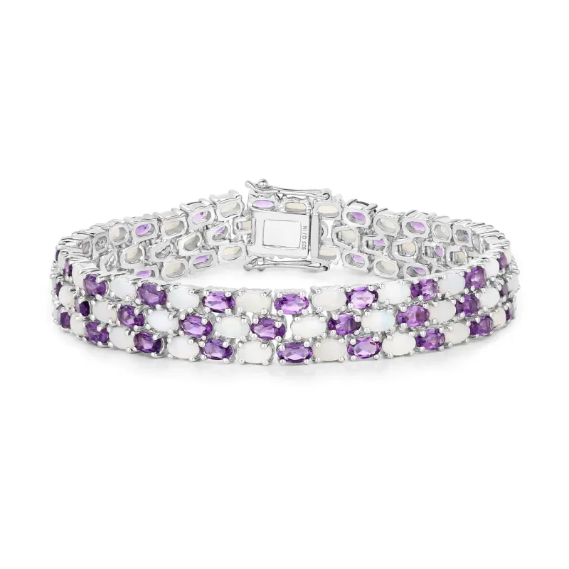 18.68 Cttw Oval White Opal and Purple Amethyst Prong Silver Three Row Tennis Bracelet made by Zulily