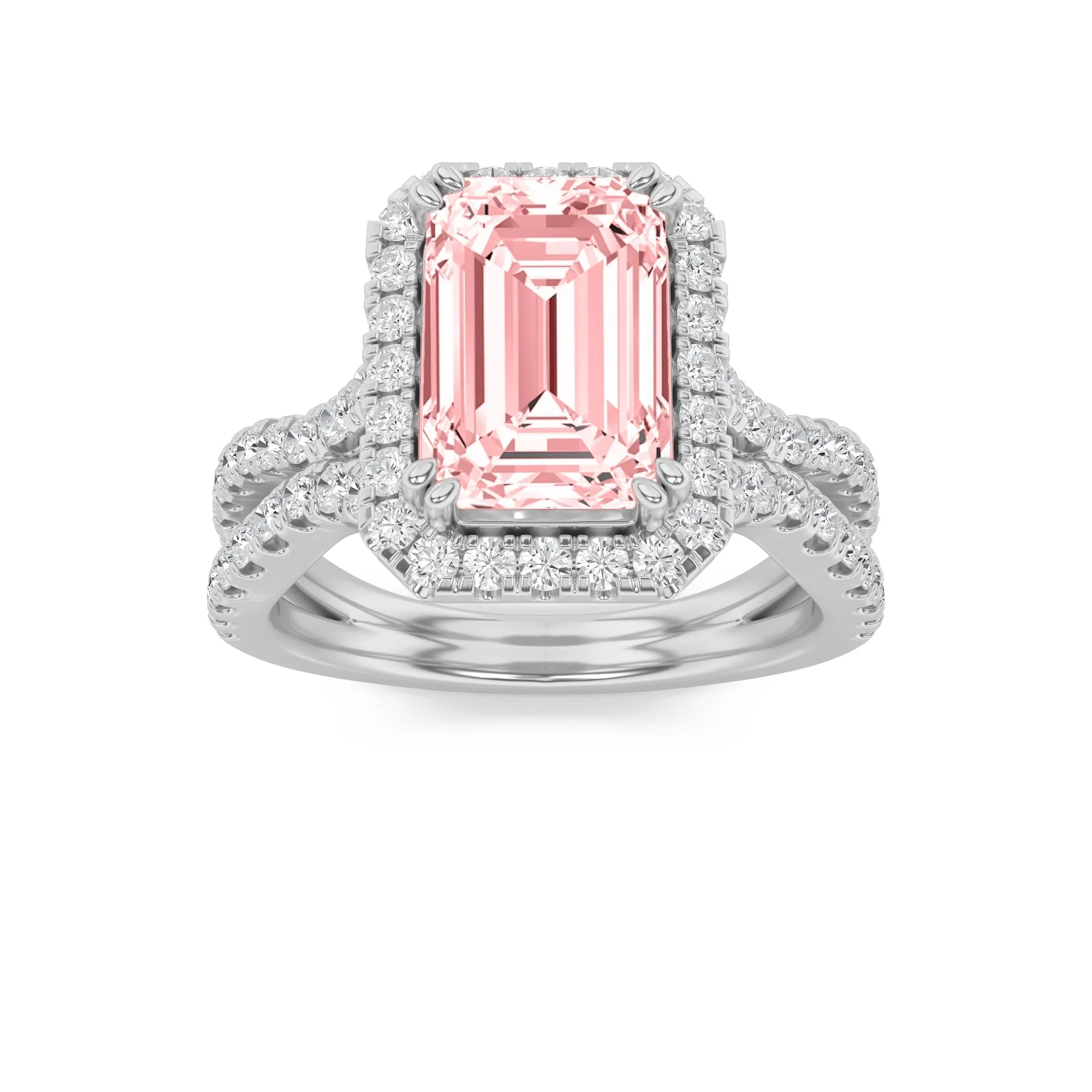4Cttw Emerald Shaped Pink Lab Grown Diamond (F/VS) Split Shank Halo Engagement Ring 14K Gold sold by Zulily