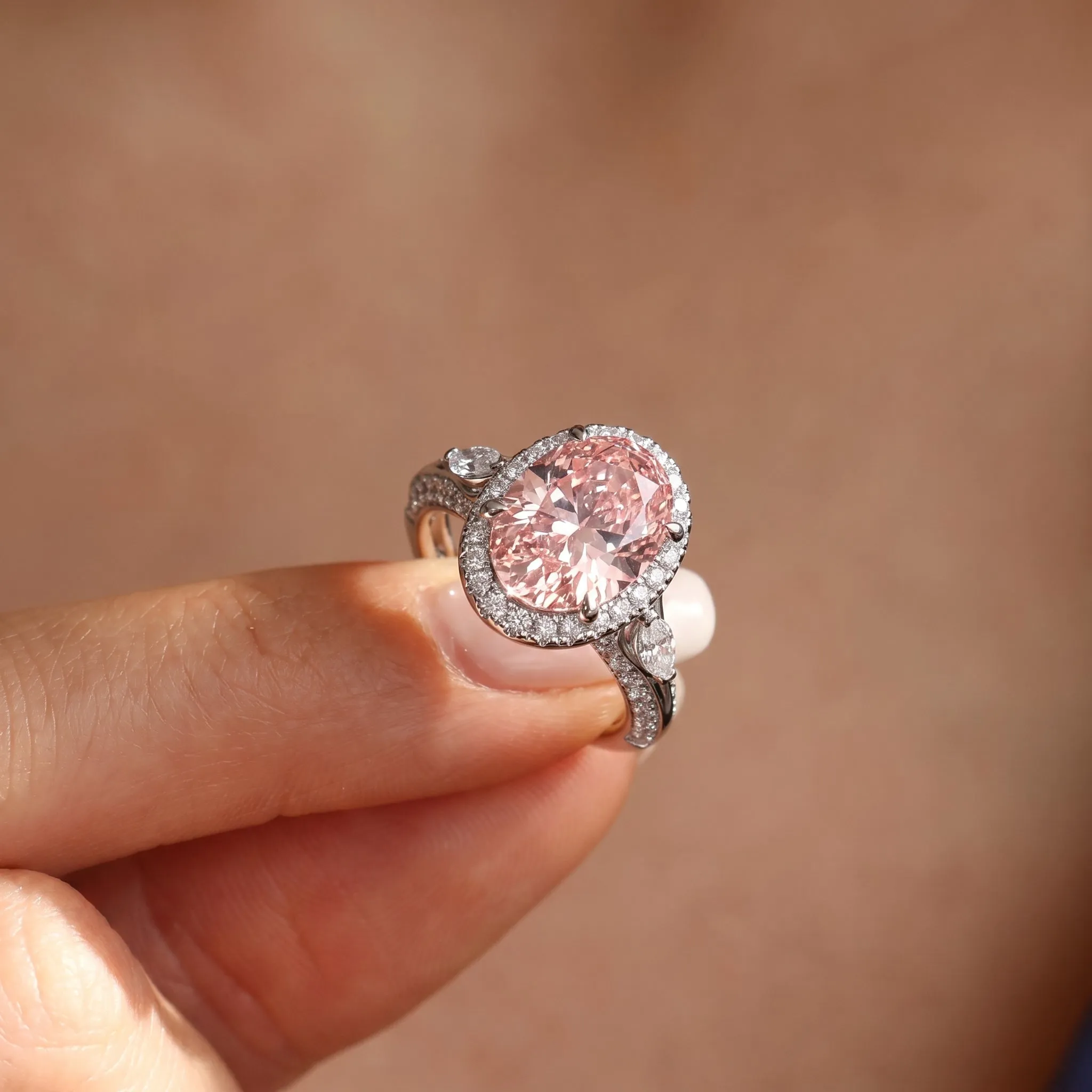 3Cttw Oval Shaped Pink Lab Grown Diamond (F/VS) Three Stone Halo Enagement Ring 14K Gold sold by Zulily product image thumbnail 4