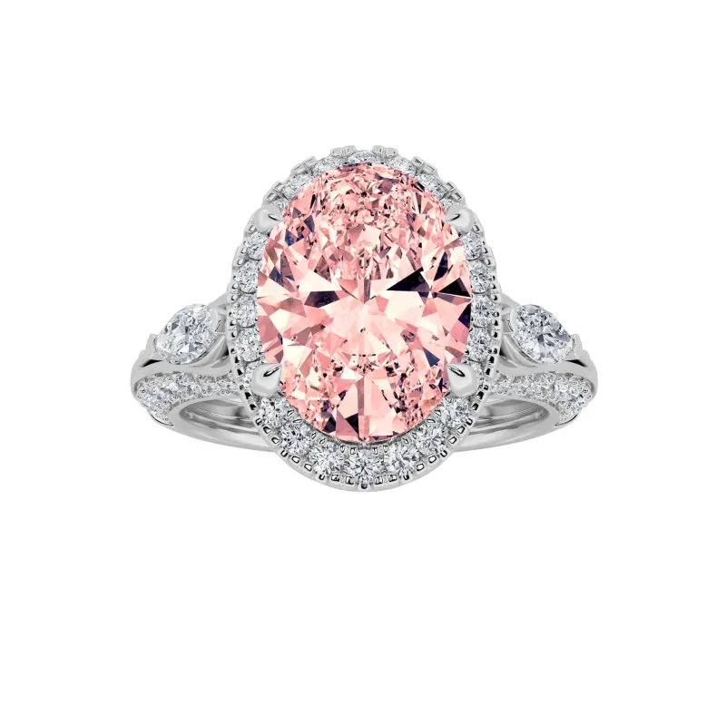 3Cttw Oval Shaped Pink Lab Grown Diamond (F/VS) Three Stone Halo Enagement Ring 14K Gold made by Zulily