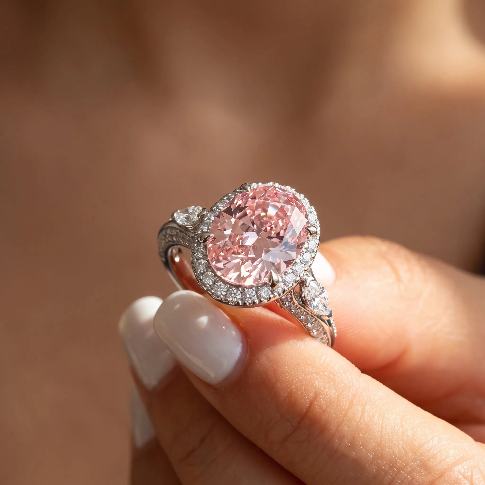 3Cttw Oval Shaped Pink Lab Grown Diamond (F/VS) Three Stone Halo Enagement Ring 14K Gold sold by Zulily product image thumbnail 5