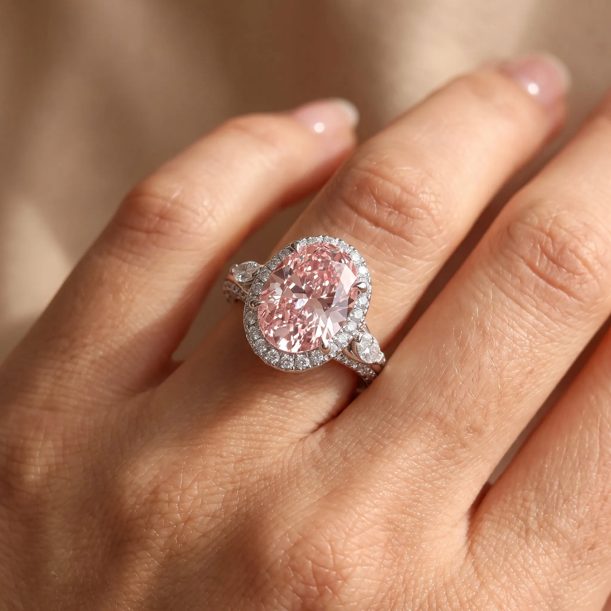 3Cttw Oval Shaped Pink Lab Grown Diamond (F/VS) Three Stone Halo Enagement Ring 14K Gold sold by Zulily product image thumbnail 3