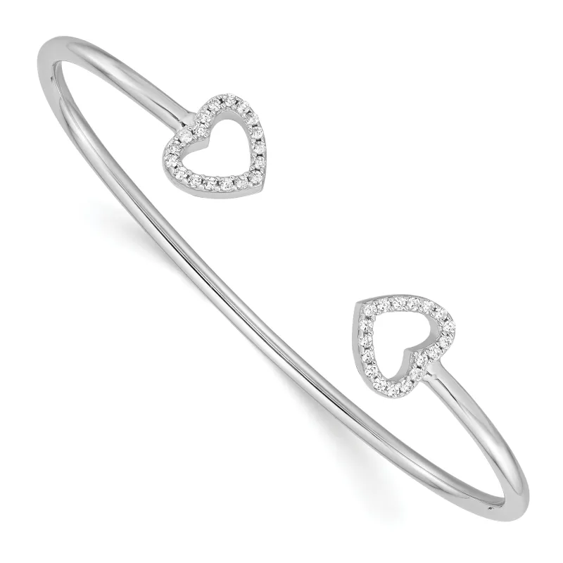 Round White Cubic Zirconia Prong Sterling Silver Two Heart Open Cuff Slip-On Bangle Bracelet made by Zulily