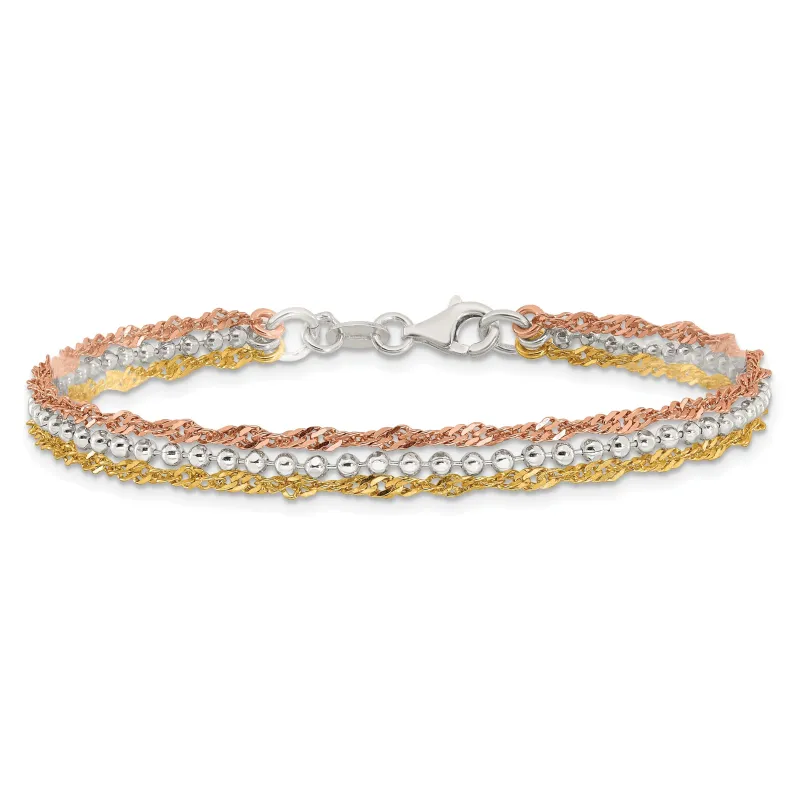 Tri-Tone Gold Plated Silver 3-Strand Diamond-Cut Bead & Twisted Fancy Link Lobster Clasp Chain Bracelet made by Zulily