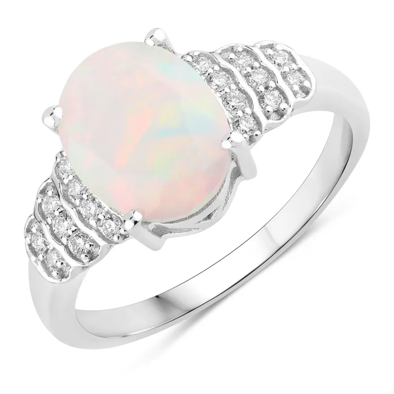 1.56 Ct Oval White Ethiopian Opal & Lab Diamond Prong Silver Bridge Ring made by Zulily
