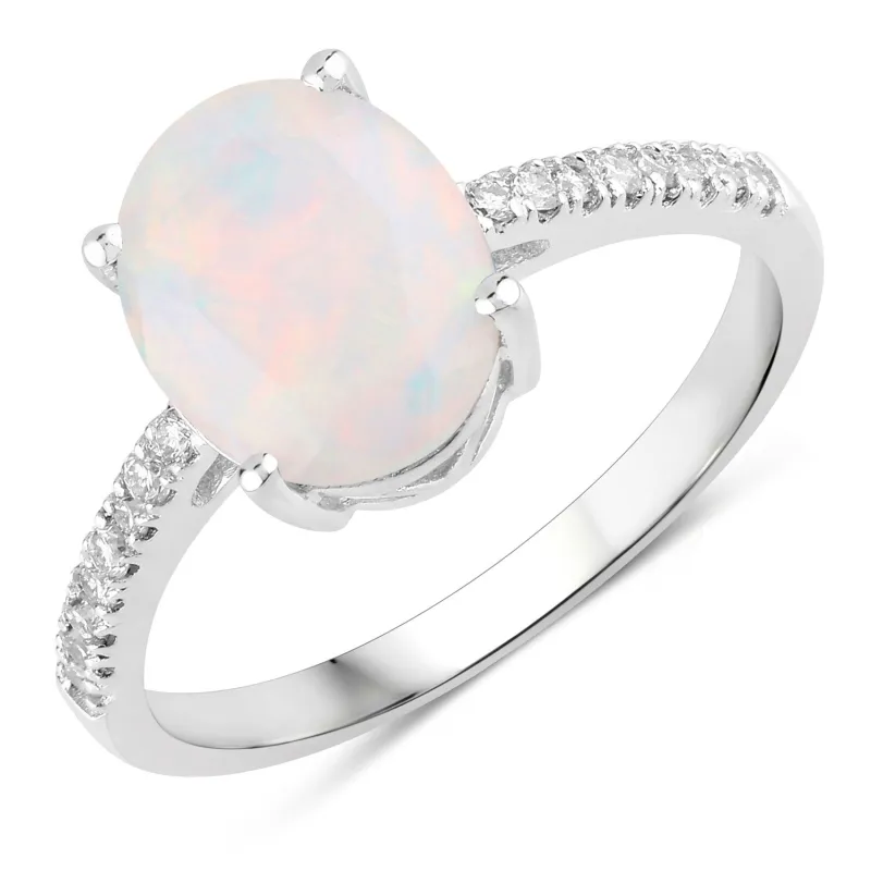 1.56 Ct Oval White Ethiopian Opal and Lab Diamond Silver Pave Bridge Ring made by Zulily