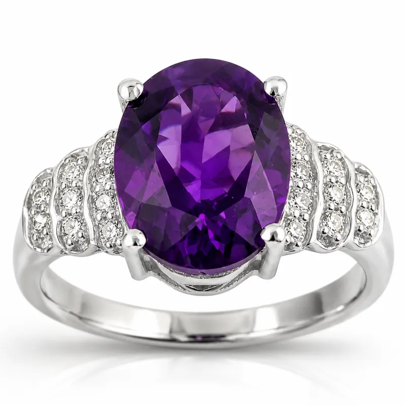 2.20 Ct Oval Purple Amethyst & Lab Diamond Prong Silver Bridge Ring made by Zulily