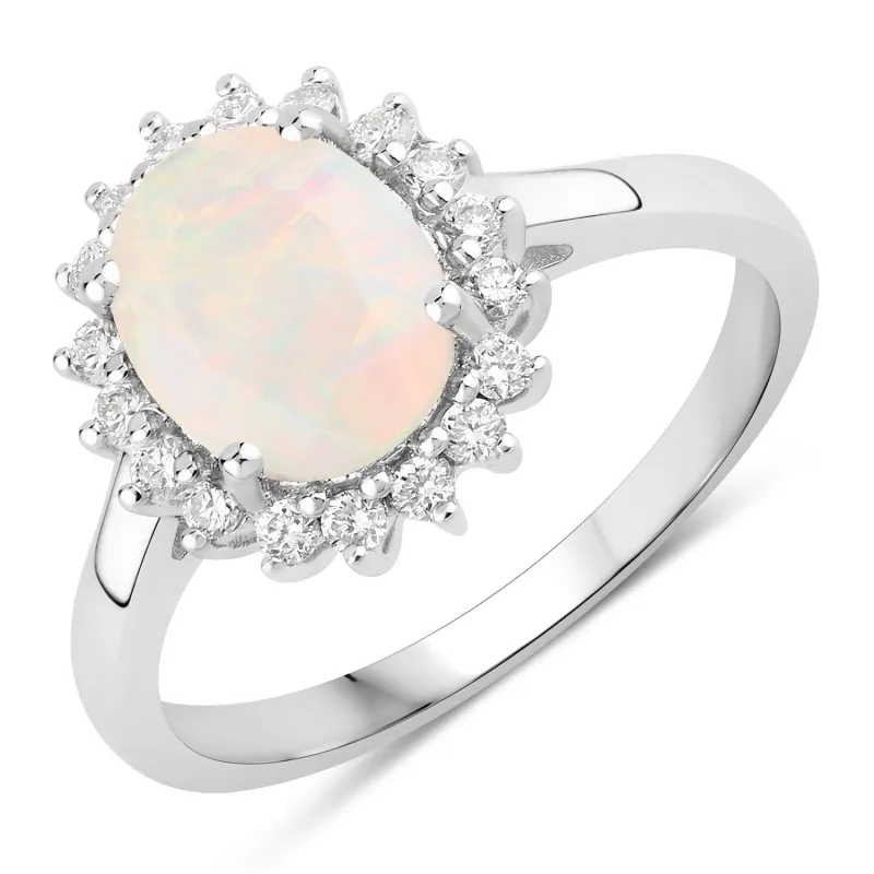 0.90 Ct Oval White Ethiopian Opal and Lab Diamond Prong Silver Halo Ring made by Zulily