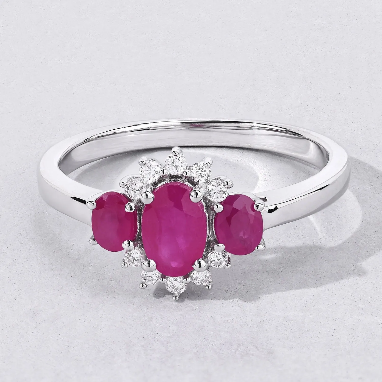 0.92 Ct Oval Pink Mozambique Ruby and Lab Diamond Prong Silver Three Stone Cocktail Ring sold by Zulily product image thumbnail 3