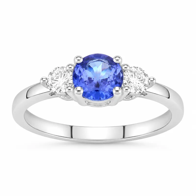 0.47 Ct Round Violet Tanzanite & Lab Diamond Prong Silver Three Stone Ring made by Zulily