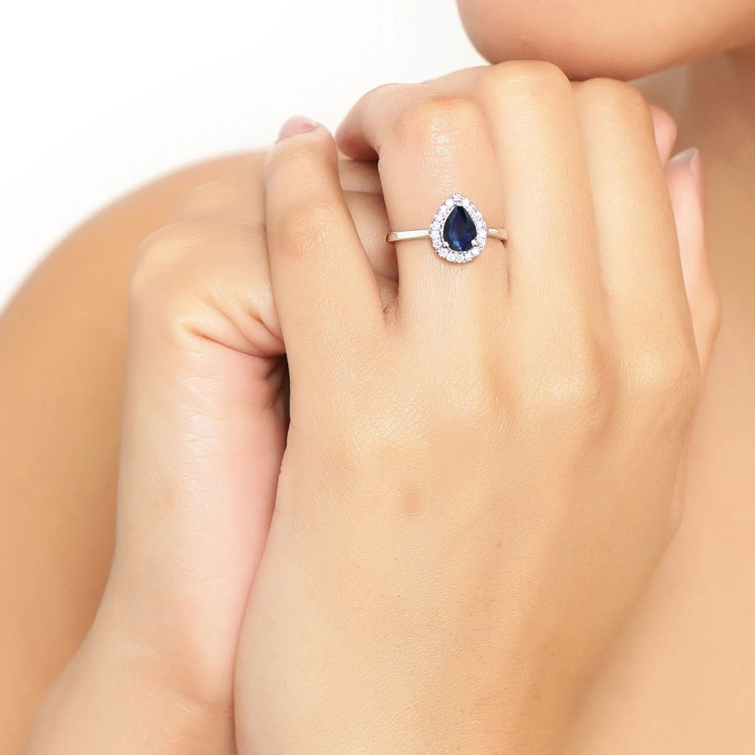 0.80 Ct Pear Blue Sapphire & Lab Diamond Prong Silver Halo Ring sold by Zulily product image thumbnail 2