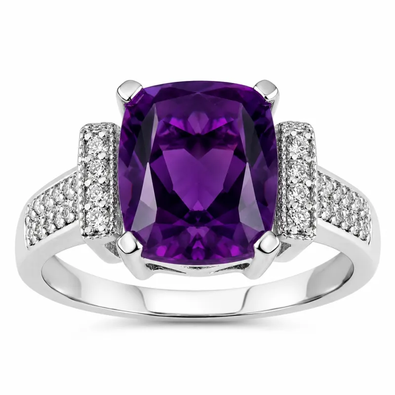 2.60 Ct Cushion Purple Amethyst and Lab Diamond Prong Silver Statement Ring made by Zulily