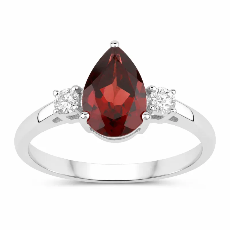 1.30 Ct Pear Red Mozambique Garnet and Lab Diamond Prong Silver Three Stone Ring made by Zulily