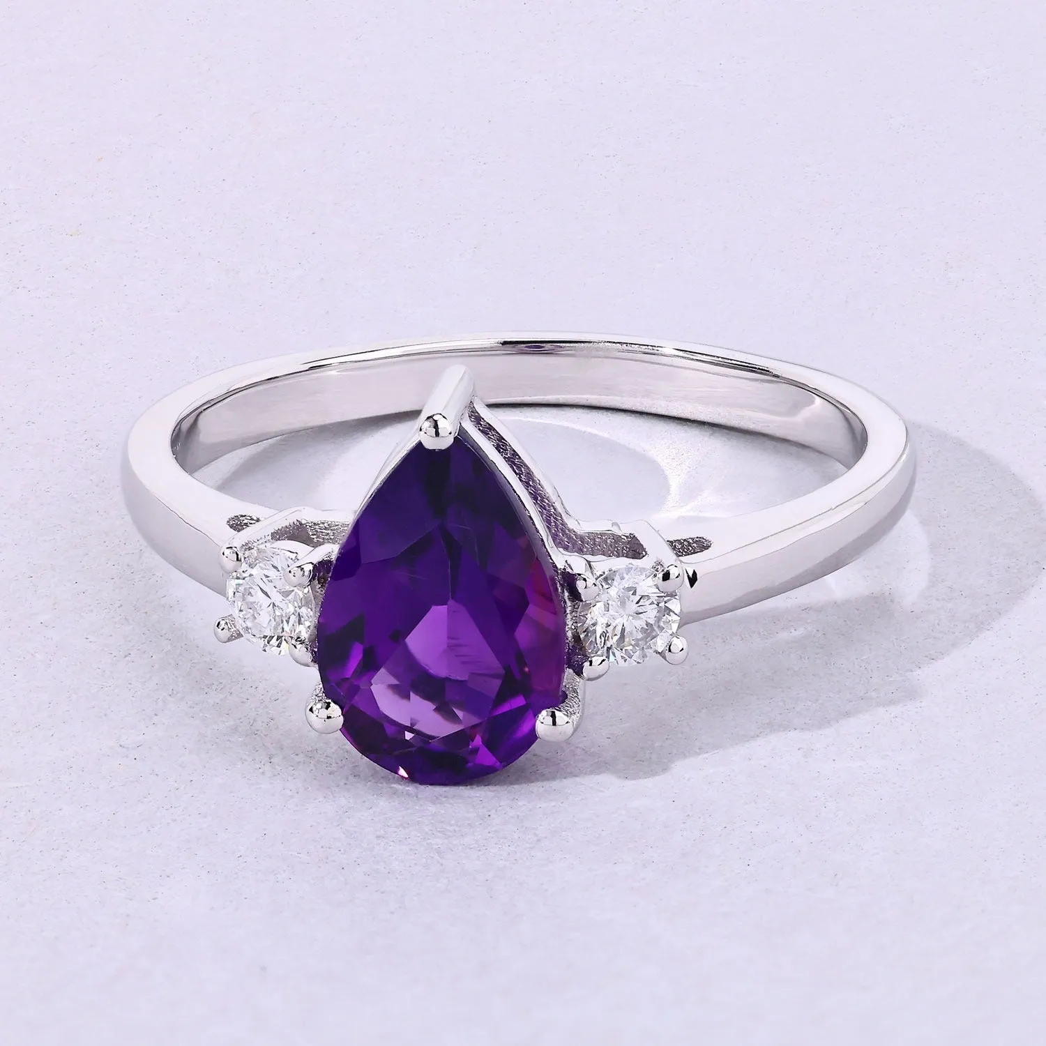 1.15 Ct Pear Purple Amethyst and Lab Diamond Prong Silver Three Stone Ring sold by Zulily product image thumbnail 4