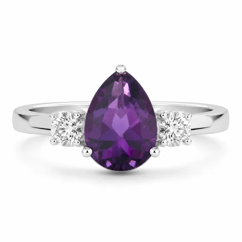 1.15 Ct Pear Purple Amethyst and Lab Diamond Prong Silver Three Stone Ring made by Zulily