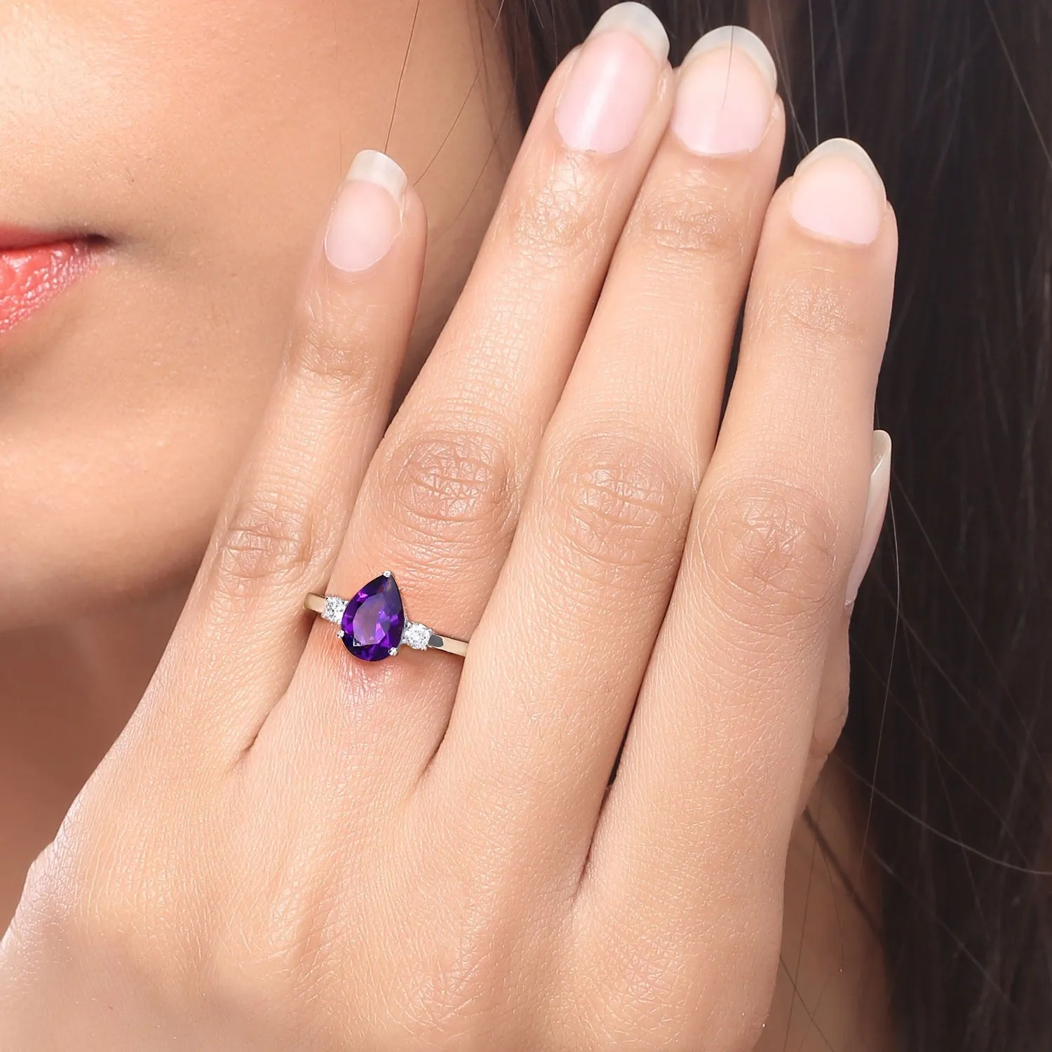 1.15 Ct Pear Purple Amethyst and Lab Diamond Prong Silver Three Stone Ring sold by Zulily product image thumbnail 2