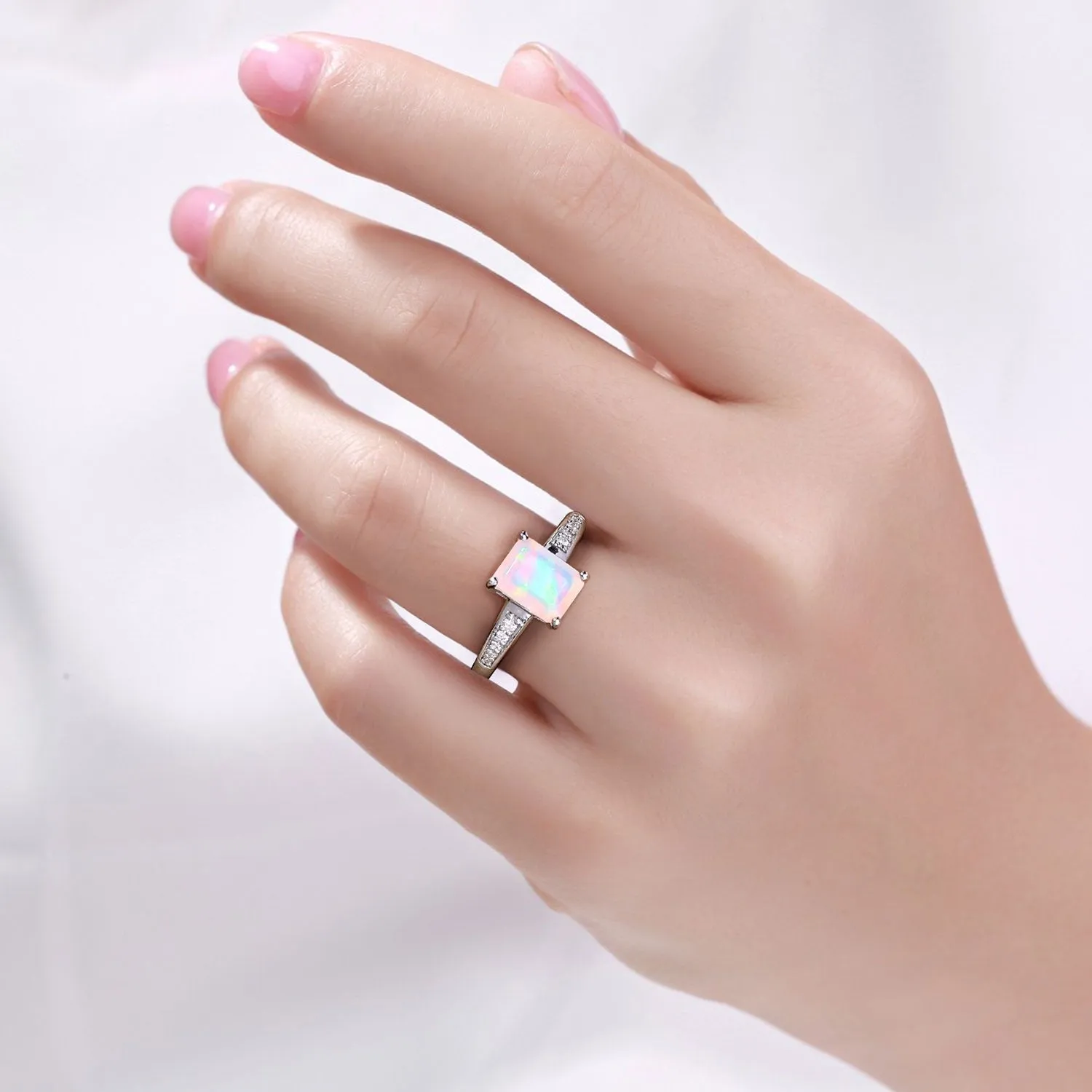 1.05 Ct Octagon White Ethiopian Opal and Lab Diamond Prong Silver Pave Bridge Ring sold by Zulily product image thumbnail 2