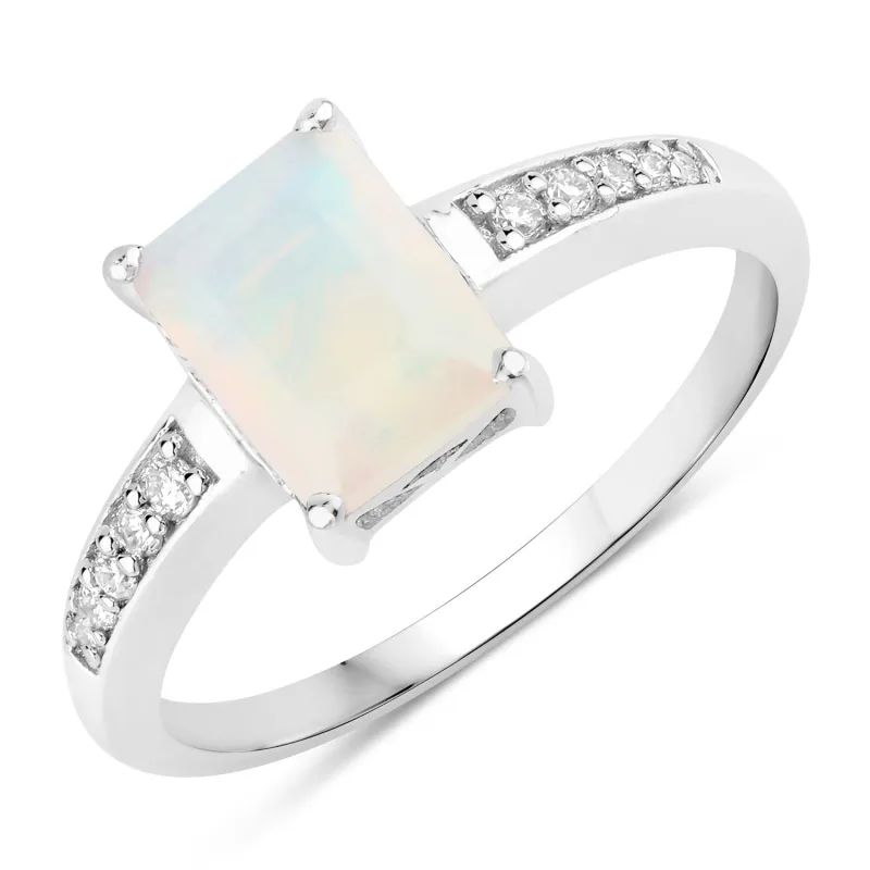 1.05 Ct Octagon White Ethiopian Opal and Lab Diamond Prong Silver Pave Bridge Ring made by Zulily