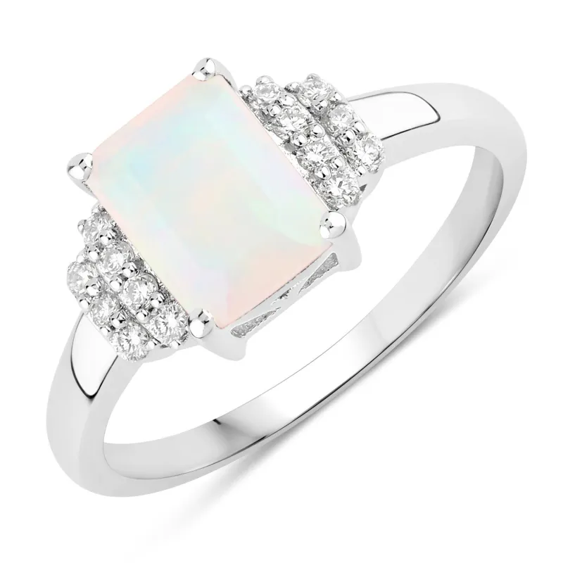 1.05 Ct Octagon White Ethiopian Opal and Lab Diamond Prong Silver Cocktail Ring made by Zulily