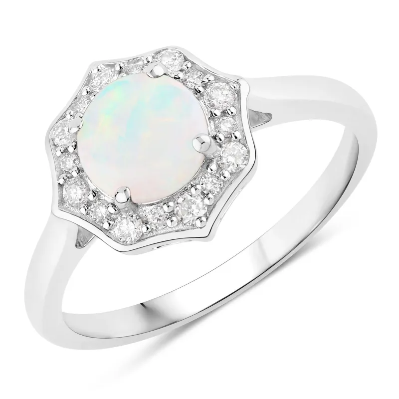 0.60 Ct Round White Ethiopian Opal and Lab Diamond Prong Silver Halo Ring made by Zulily